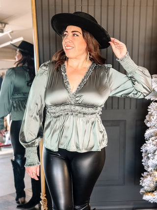 Holiday Soirée Satin Holiday Blouse, Sage - The Farmhouse