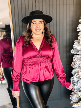 Holiday Soirée Satin Holiday Blouse, Wine - The Farmhouse