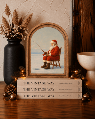 Ice fishing Santa arch framed art print for seasonal holiday decor