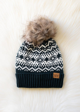 Winter Haven Cable Pom Hat, Dark Teal & White