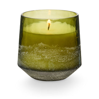 Close-up of salt-kissed Baltic glass vessel on Balsam and Cedar candle