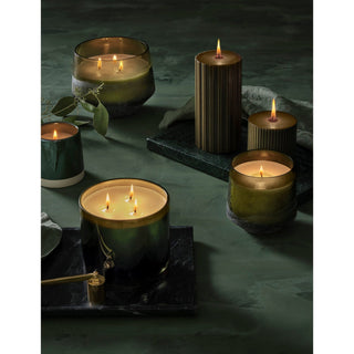 Side view of Balsam and Cedar candle in Baltic glass holiday vessel
