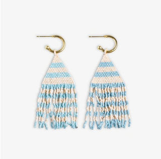 James Mini Gold Hoop Two - Tone Stripes Beaded Fringe Earrings - Light Blue - The Farmhouse