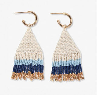 James Mini Gold Hoop Two - Tone Stripes Beaded Fringe Earrings - Navy - The Farmhouse