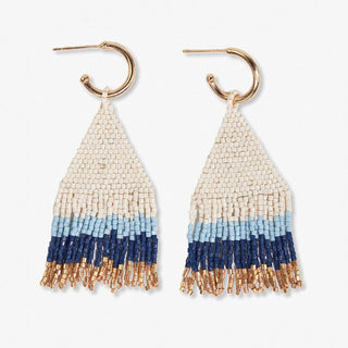 James Mini Gold Hoop Two - Tone Stripes Beaded Fringe Earrings - Navy - The Farmhouse