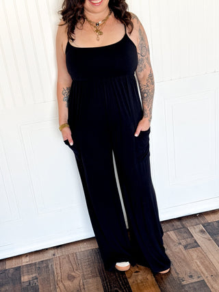 Jersey Knit Spaghetti Strap Jumpsuit, Black - 180 One Piece Outfits - The Farmhouse