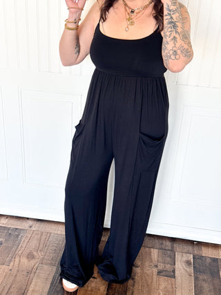 Jersey Knit Spaghetti Strap Jumpsuit, Black - 180 One Piece Outfits - The Farmhouse