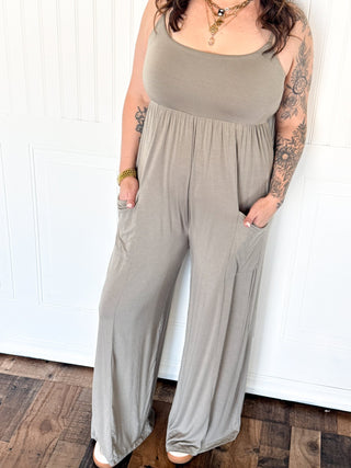 Jersey Knit Spaghetti Strap Jumpsuit, Sage - 180 One Piece Outfits - The Farmhouse