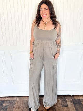 Jersey Knit Spaghetti Strap Jumpsuit, Sage - 180 One Piece Outfits - The Farmhouse