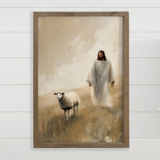 Jesus Walking with Lost Sheep - Jesus Canvas Art - Framed - The Farmhouse