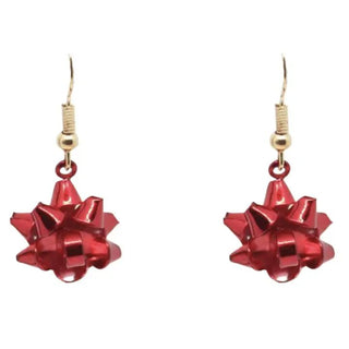 Red gift-bow drop earrings with glossy finish and gold-tone ear wires