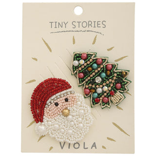 Christmas pin set with beaded Santa face and green Christmas tree designs