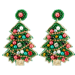 Beaded Christmas tree dangle earrings in green and red styles