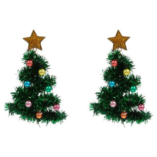 Christmas tree earrings in green metallic thread with pearl accents and gold stars