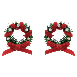 Christmas wreath post earrings with red bows and pearl-like bead accents