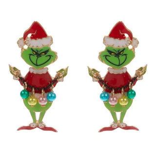 Grinch Christmas brooch with enamel detailing and pearl ornament accent