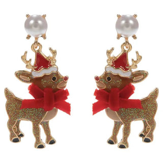 Rudolph enamel dangle earrings with red ribbon bows and Santa hat details