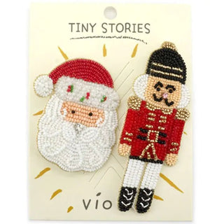 Seed bead Santa and nutcracker Christmas pin brooches in red and gold-tone