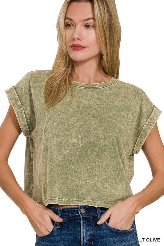 Juno Washed Cotton Cuffed Short Sleeve Boxy Tee - Lt Olive - The Farmhouse