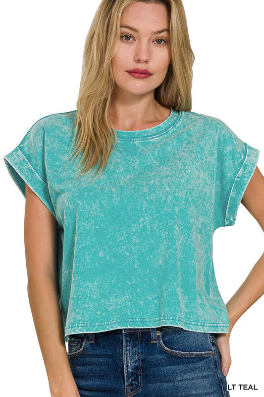 Juno Washed Cotton Cuffed Short Sleeve Boxy Tee - Lt Teal - The Farmhouse