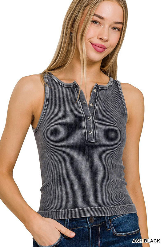 Keep Wishing Washed Ribbed Button-Up Tank Top - Ash Black - The Farmhouse