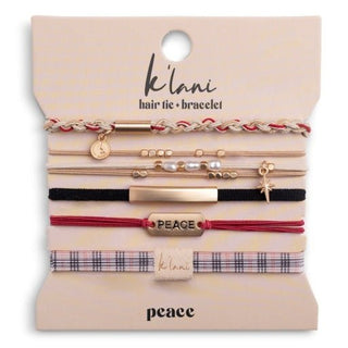 K'LANI "Peace" Holiday Red & Cream Plaid with Gold Accents Hair Tie Bracelets - 290 Jewelry - The Farmhouse