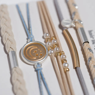 K'LANI "Wonder" Soft Creams & Blues with Pearls & Gold Hair Tie Bracelets - 290 Jewelry - The Farmhouse