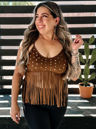 Lariat Suede Fringe Western Boho Tank Top, Camel - The Farmhouse