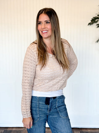 Latte Pointelle Scallop - Hem V - Neck Sweater - 100 Casual Tops - The Farmhouse