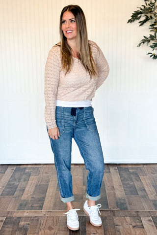 Latte Pointelle Scallop - Hem V - Neck Sweater - 100 Casual Tops - The Farmhouse