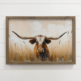 Long Horn Cow Texas Grass - Long Horn Cow Canvas Art - Frame 12x18" - 420 Home Decor - The Farmhouse