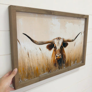 Long Horn Cow Texas Grass - Long Horn Cow Canvas Art - Frame 12x18" - 420 Home Decor - The Farmhouse