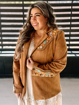 Lucky Trails Western Boho Suede Embroidered Blazer, Camel - The Farmhouse