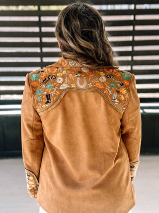 Lucky Trails Western Boho Suede Embroidered Blazer, Camel - The Farmhouse