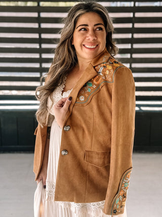 Lucky Trails Western Boho Suede Embroidered Blazer, Camel - The Farmhouse