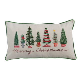Multicolor cotton lumbar pillow with embroidered trees, piping and Merry Christmas message