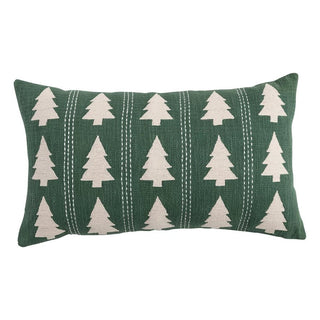 Green and natural slub cotton lumbar pillow with embroidered tree pattern