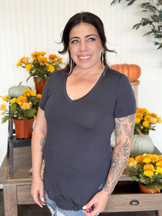 Luxe Jersey V - Neck Top, Graphite - 130 Basics - The Farmhouse