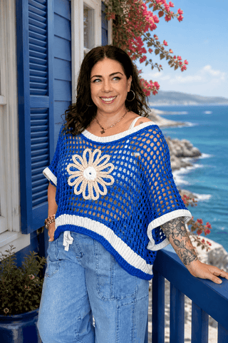 Meadow Bloom Sleeveless Crochet Sweater Top, Ivory/Blue - 100 Casual Tops - The Farmhouse