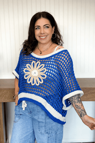 Meadow Bloom Sleeveless Crochet Sweater Top, Ivory/Blue - 100 Casual Tops - The Farmhouse