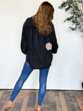 Meadow Patch Balloon Sleeve Shacket Top, Black - 160 Outerwear - The Farmhouse