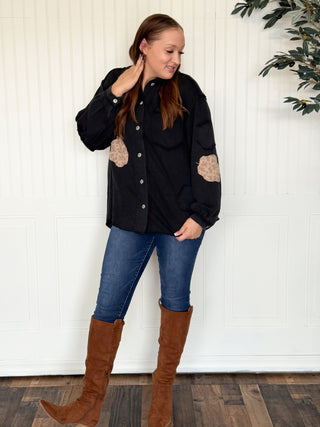 Meadow Patch Balloon Sleeve Shacket Top, Black - 160 Outerwear - The Farmhouse