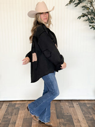 Meadow Patch Balloon Sleeve Shacket Top, Black - 160 Outerwear - The Farmhouse