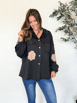 Meadow Patch Balloon Sleeve Shacket Top, Black - 160 Outerwear - The Farmhouse