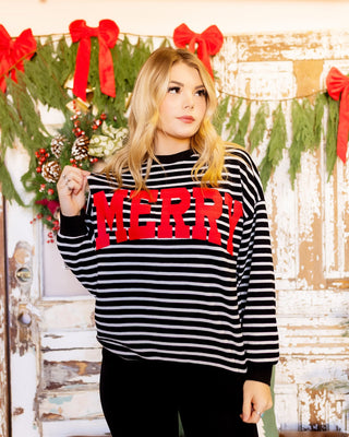 Black and white striped cloud knit top with festive Merry graphic