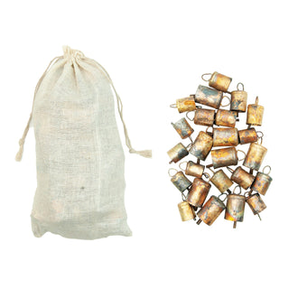 Set of 24 distressed gold mini metal bells with muslin bag