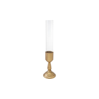 Large gold iron taper holder with clear glass hurricane and turned base