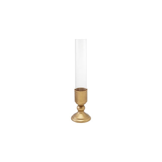 Small gold iron taper holder with clear glass hurricane and rounded base