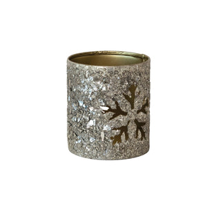 Close-up of hand-applied mica flakes on antique silver tealight holder