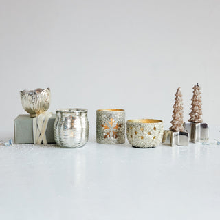 Antique silver metal tealight holder with mica flakes and snowflake cut-outs